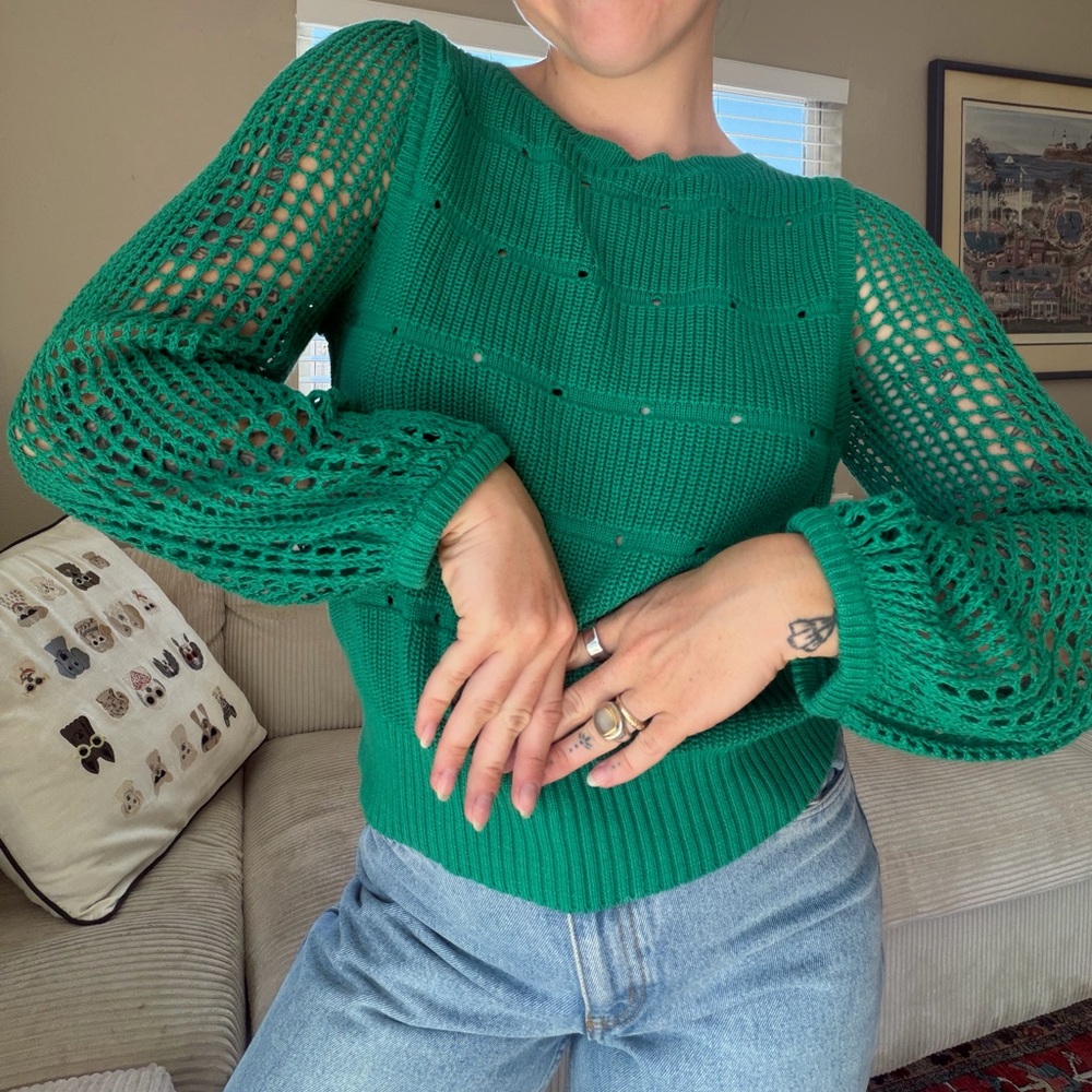 Joie Open-Knit Green Sweater Vest with Balloon Sleeves sz small